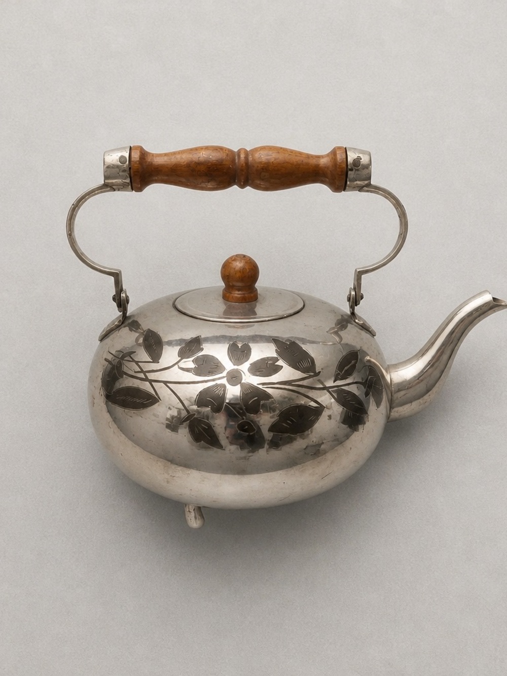 Vintage Silver-Tone Floral Teapot with Wood Handle